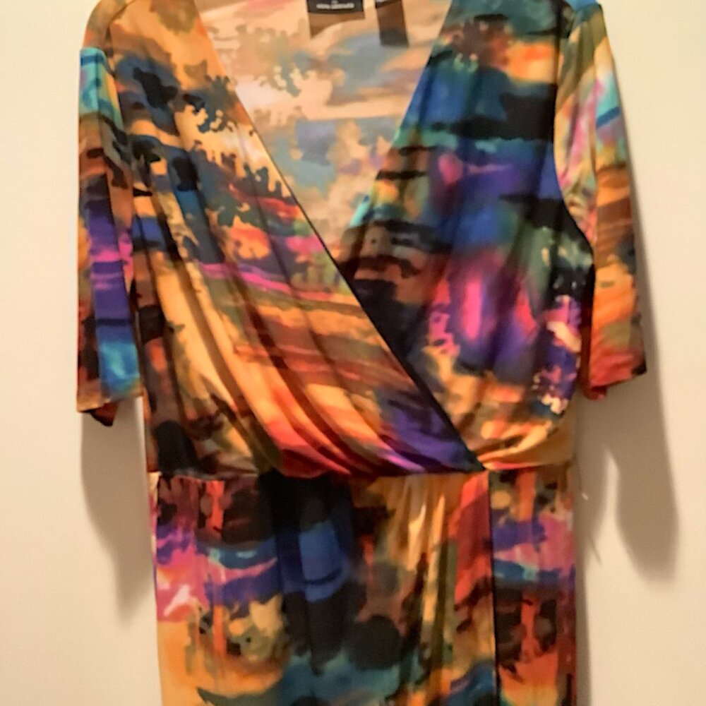 Nina Leonard, jewel-colors abstract wrap-around dress, Size L - Picture 8 of 10